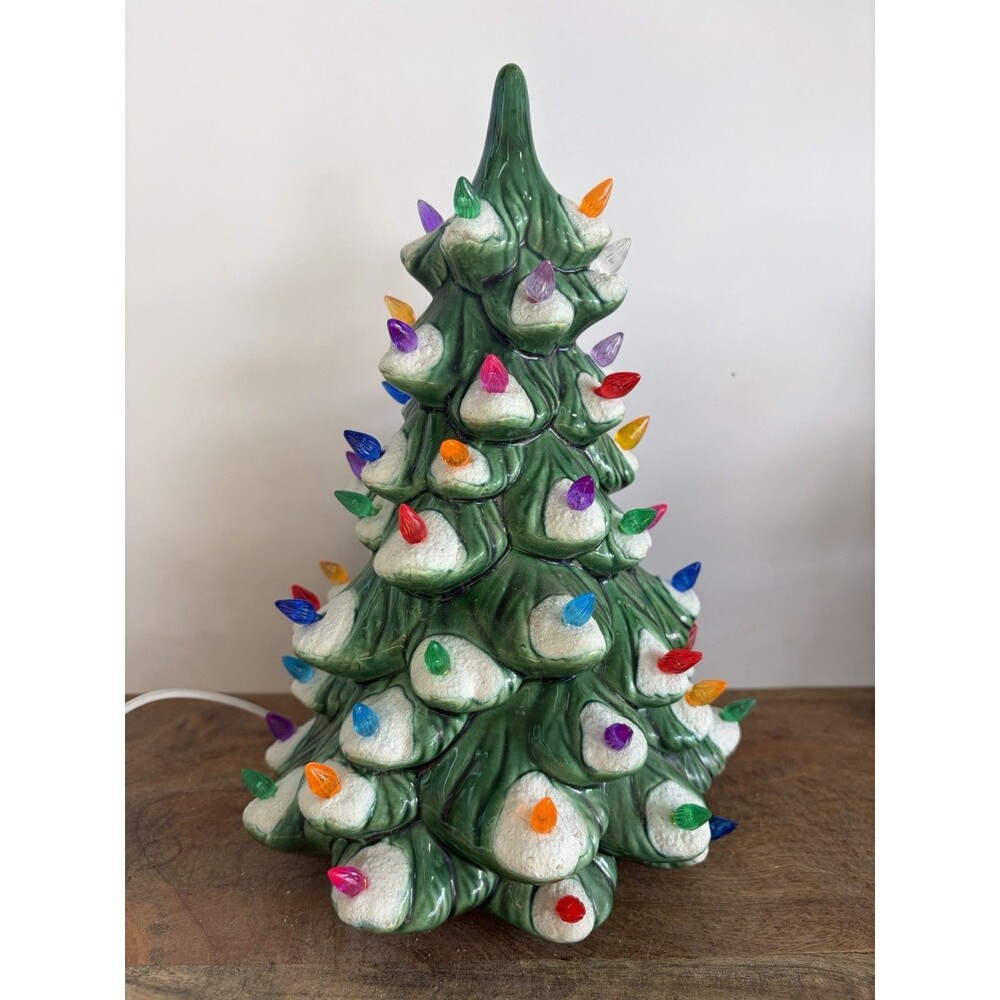 Vtg Atlantic Mold Ceramic Christmas Tree Flocked Snow W Bulbs, 10 No Base 1982